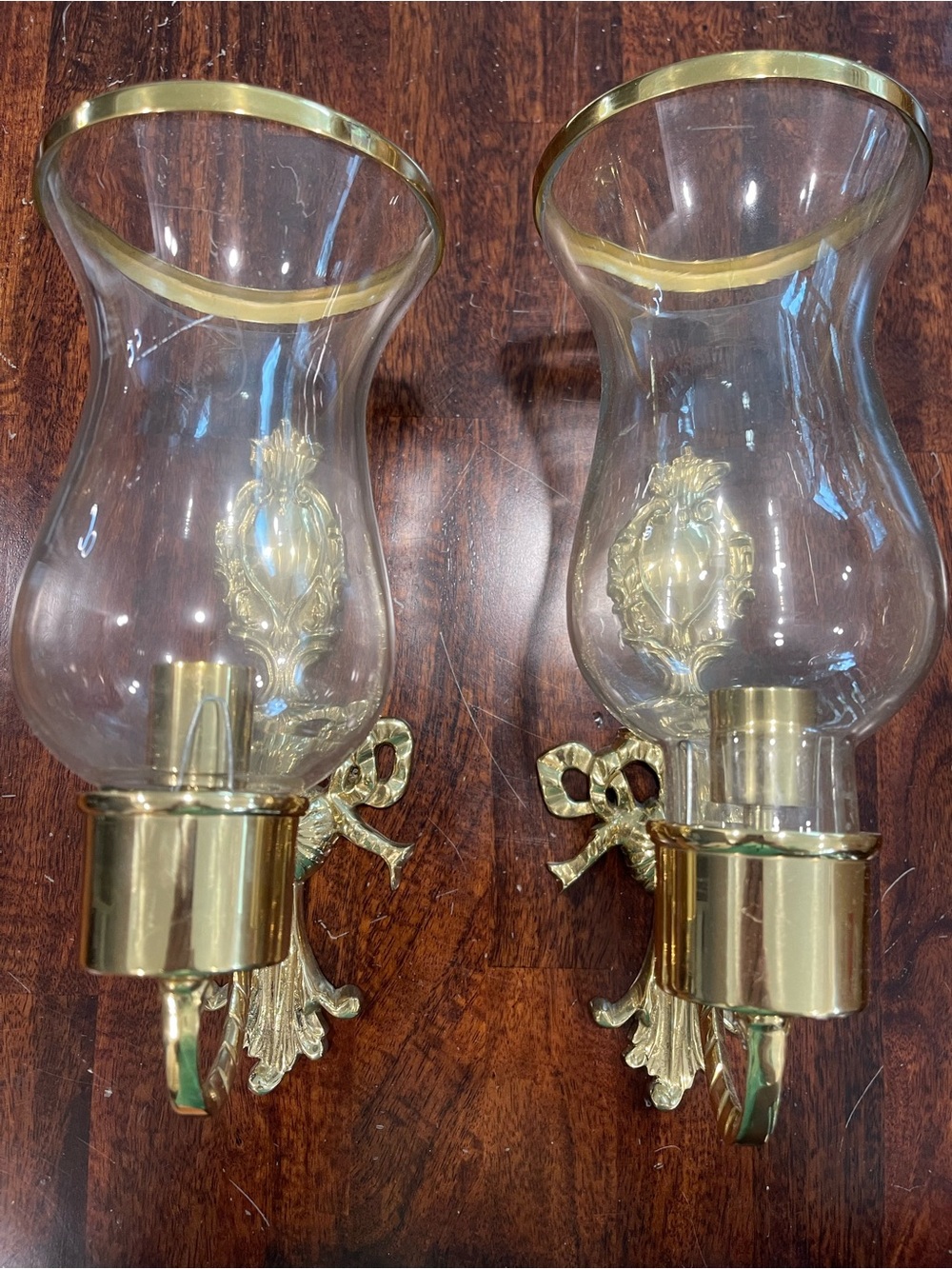 Vintage 1980s Brass Bow Glass Wall Sconces-Hollywood Regency set of 2 Grannycore